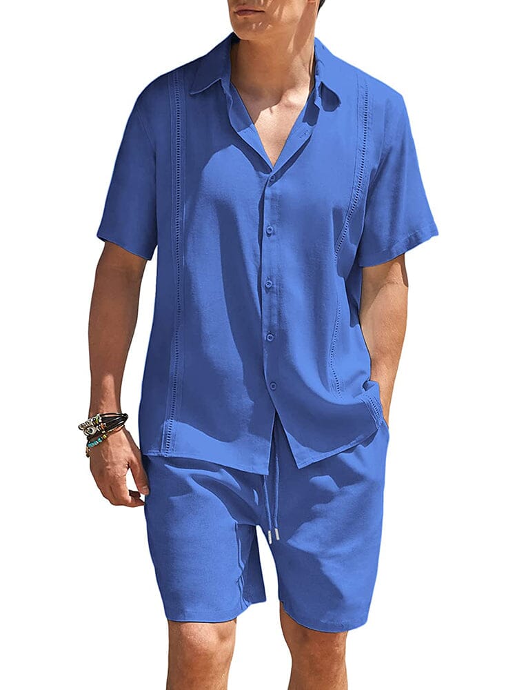 2 Piece Beach Guayabera Linen Set (US Only) Sets COOFANDY Store Blue S