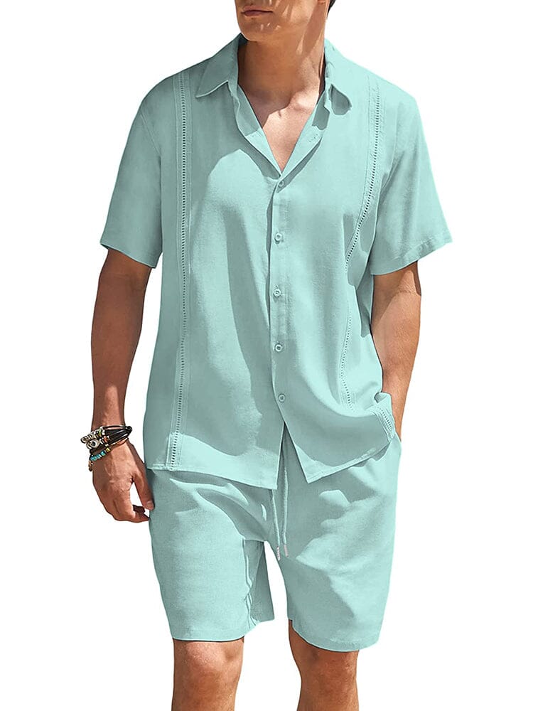 2 Piece Beach Guayabera Linen Set (US Only) Sets COOFANDY Store Blue Green S