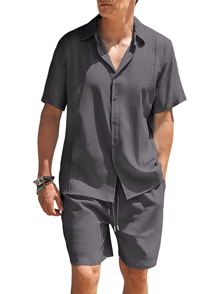 2 Piece Beach Guayabera Linen Set (US Only) Sets COOFANDY Store Grey S