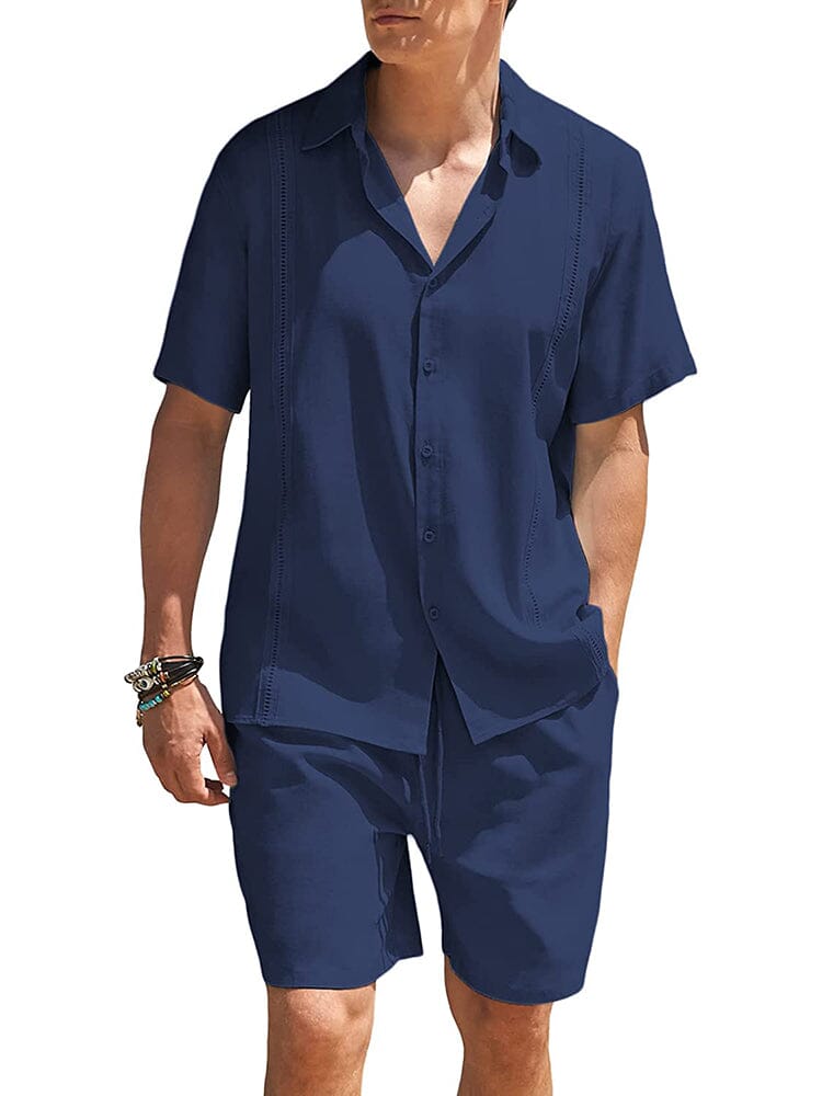 2 Piece Beach Guayabera Linen Set (US Only) Sets COOFANDY Store Navy Blue S
