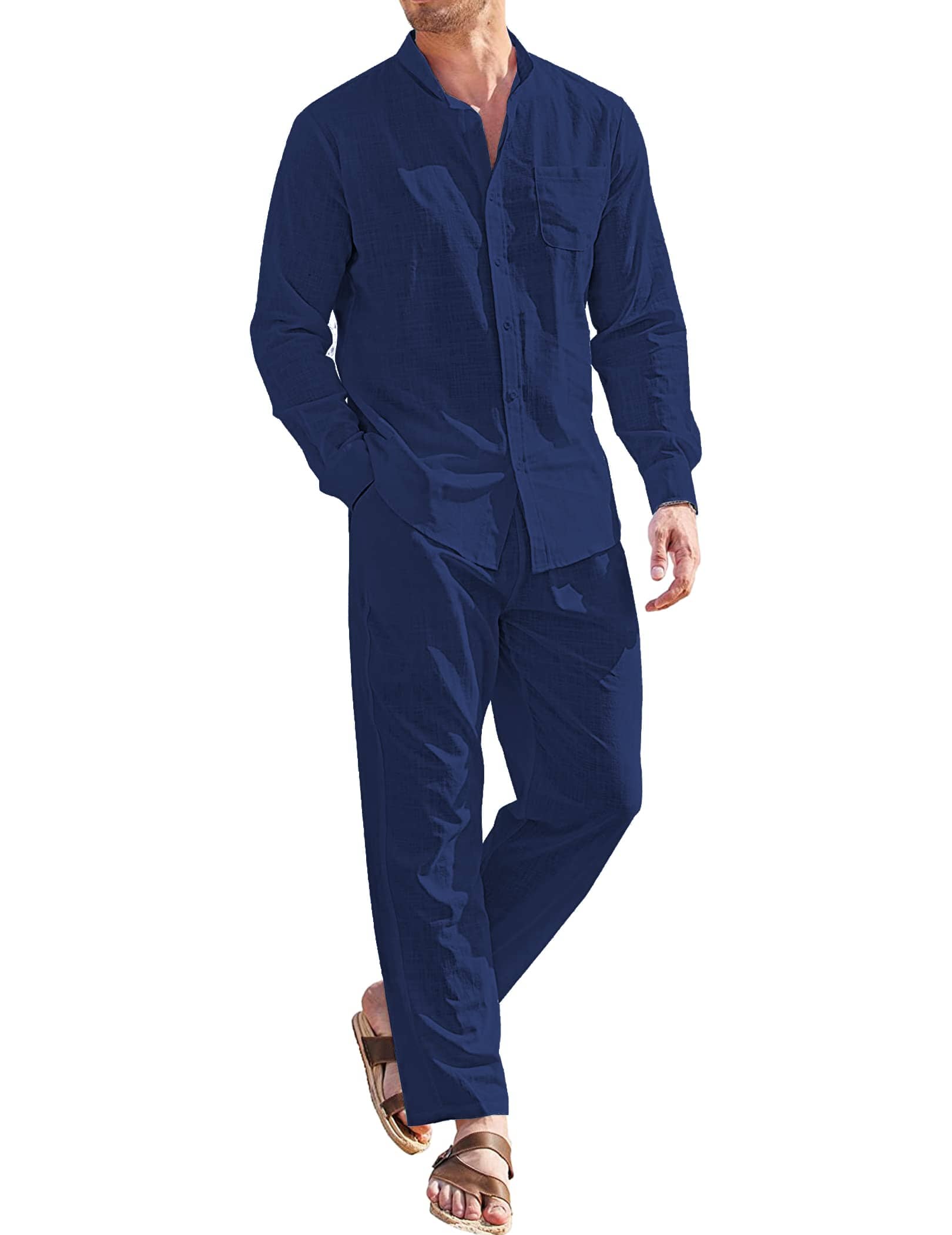 Casual Pure Cotton Beach Shirt Sets (US Only) Sets coofandy Navy Blue S