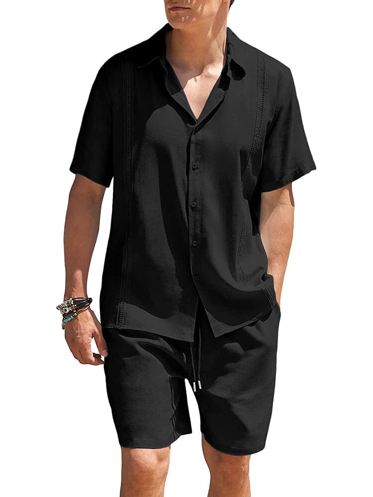 2 Piece Beach Guayabera Linen Set (US Only) Sets COOFANDY Store Black S