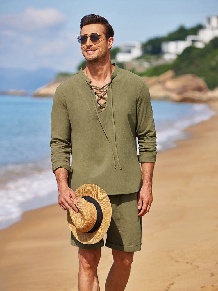 Cotton 2 Pieces Henley Shirt Set (US Only) Sets coofandystore Army Green S