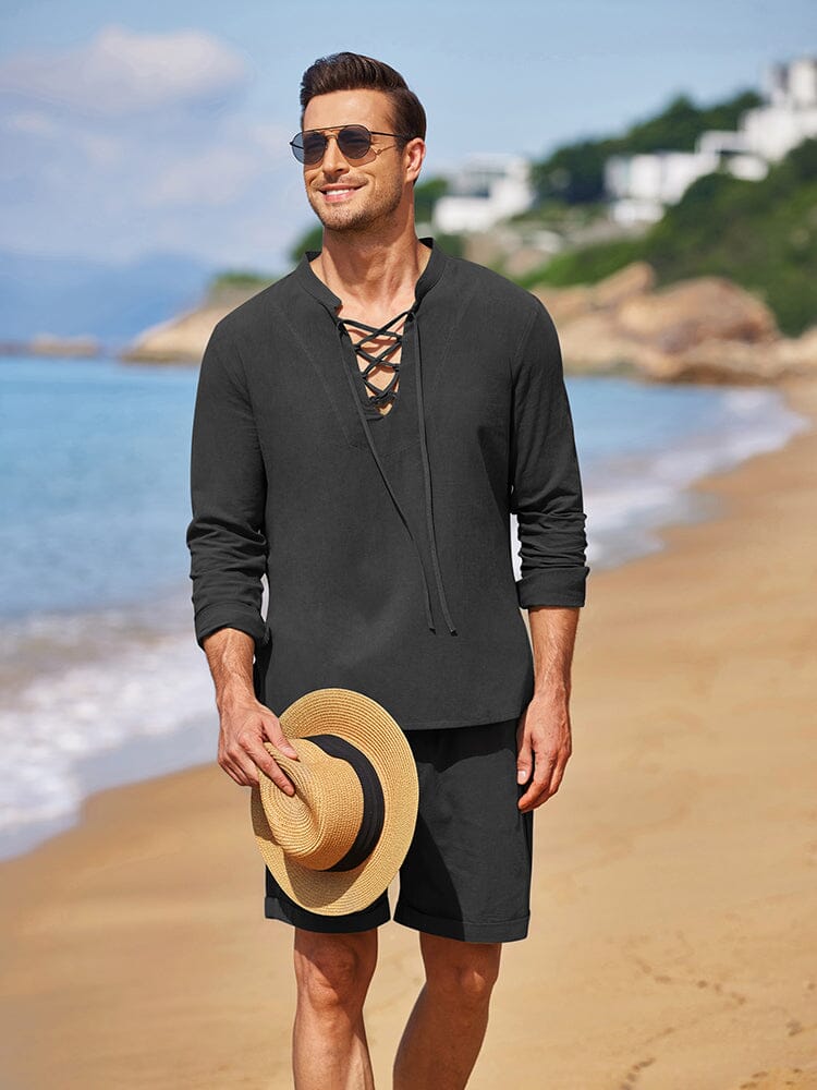 Cotton 2 Pieces Henley Shirt Set (US Only) Sets coofandystore Black S