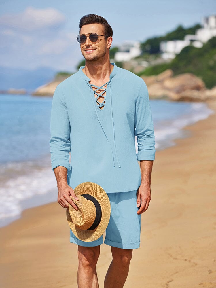 Cotton 2 Pieces Henley Shirt Set (US Only) Sets coofandystore Light Blue S