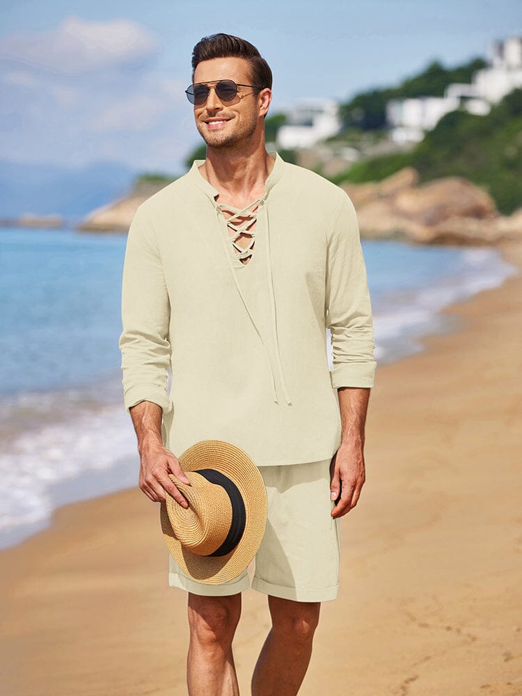 Cotton 2 Pieces Henley Shirt Set (US Only) Sets coofandystore Khaki S