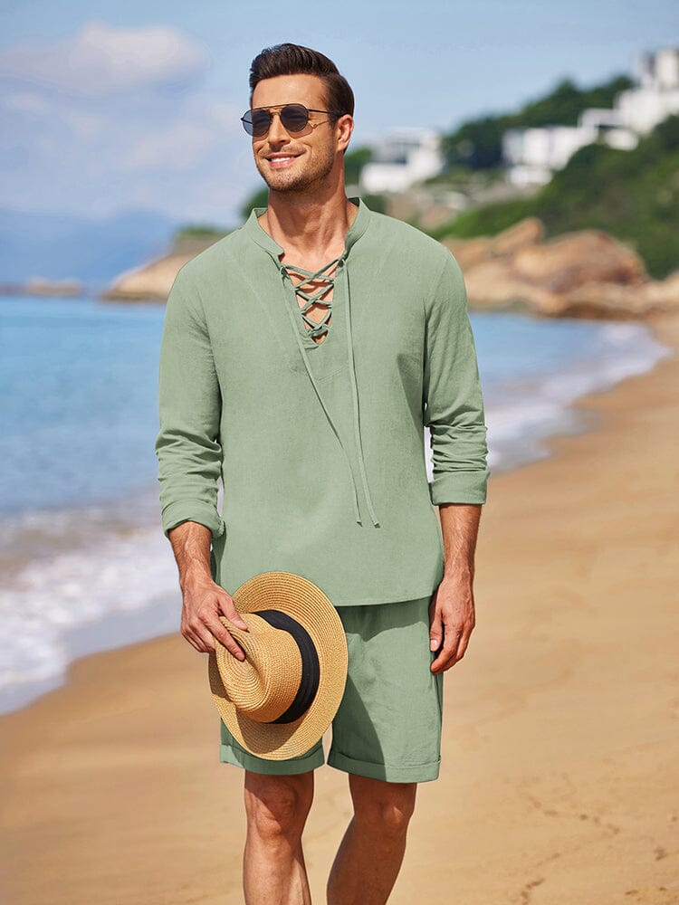 Cotton 2 Pieces Henley Shirt Set (US Only) Sets coofandystore Light Green S