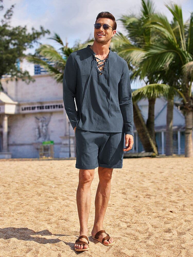 Cotton 2 Pieces Henley Shirt Set (US Only) Sets coofandystore Navy Blue S