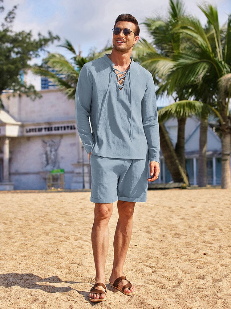 Cotton 2 Pieces Henley Shirt Set (US Only) Sets coofandystore Sky Blue S
