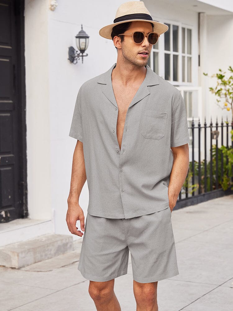 Casual Linen Short Sleeve Shirt Sets (US Only) Sets coofandystore Grey S