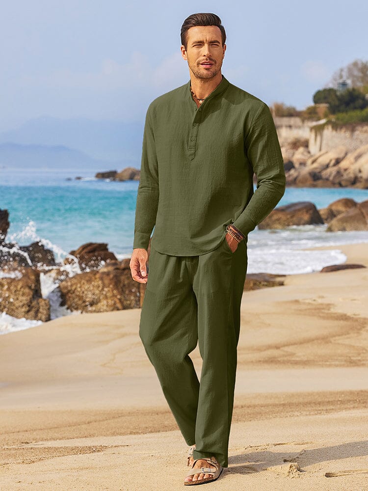 Casual 2 Pieces Henley Shirts Set (US Only) Sets coofandystore Army Green S