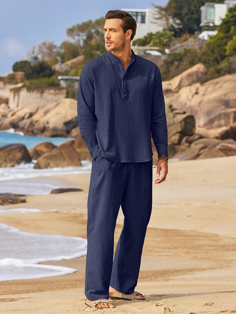 Casual 2 Pieces Henley Shirts Set (US Only) Sets coofandystore Navy Blue S