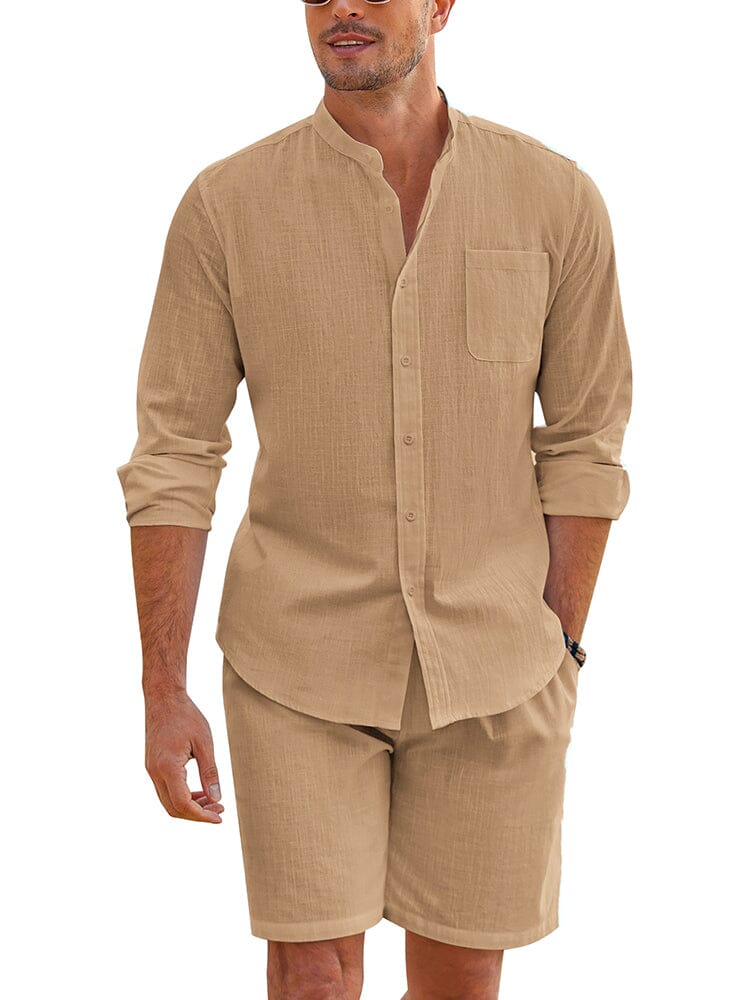 Casual 100% Cotton Beach Shirt Sets (US Only) Beach Sets coofandy Camel S