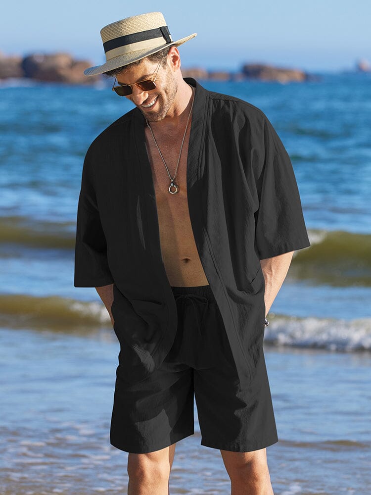 Casual Cotton Linen Kimono Sets (US Only) Sets coofandy Black S