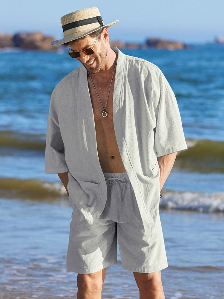 Casual Cotton Linen Kimono Sets (US Only) Sets coofandy Grey S