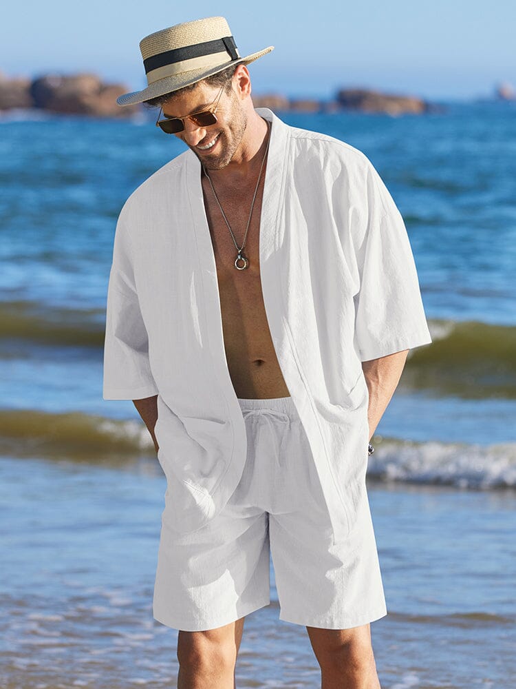 Casual Cotton Linen Kimono Sets (US Only) Sets coofandy White S