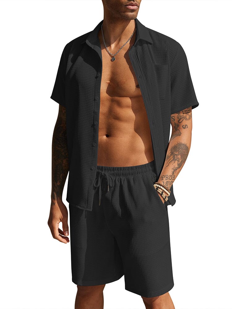 Casual Waffle Shirt Holiday Set (US Only) Sets coofandy Black S