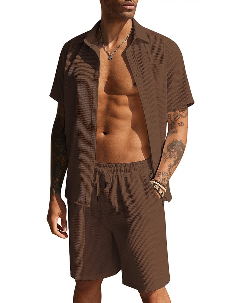 Casual Waffle Shirt Holiday Set (US Only) Sets coofandy Brown S