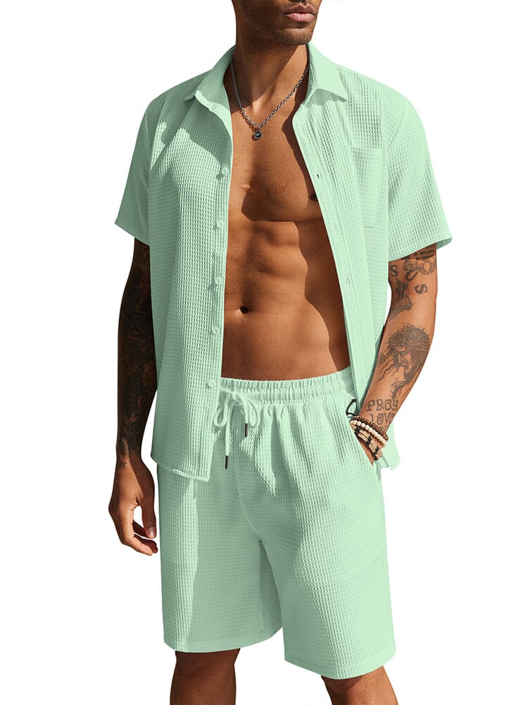 Casual Waffle Shirt Holiday Set (US Only) Sets coofandy Light Green S