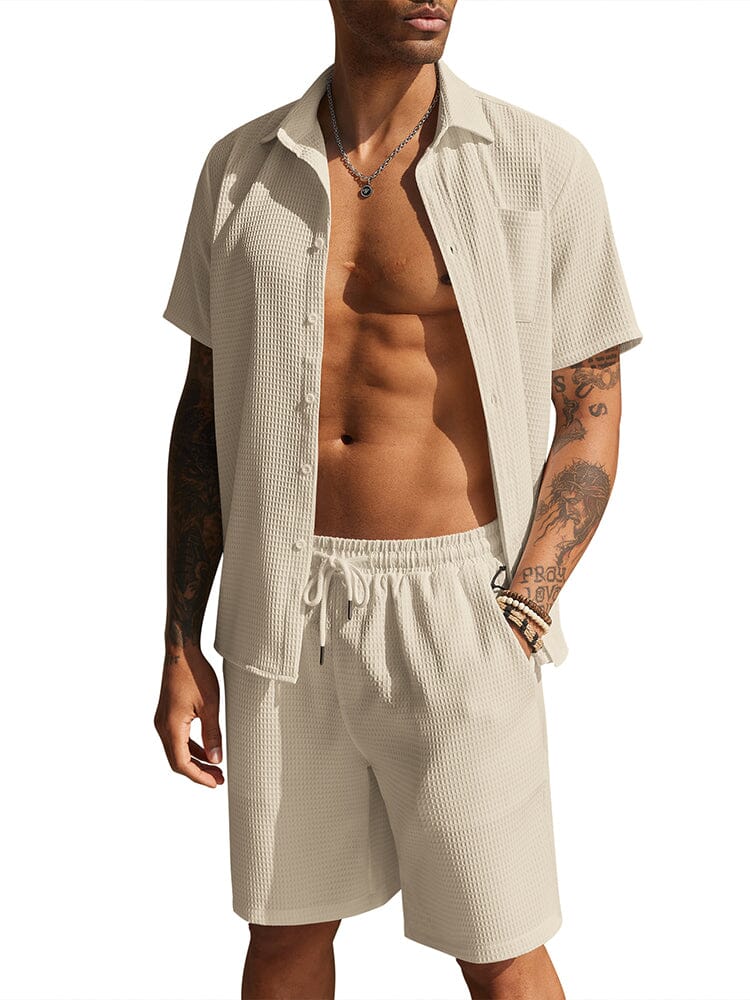 Casual Waffle Shirt Holiday Set (US Only) Sets coofandy Light Khaki S