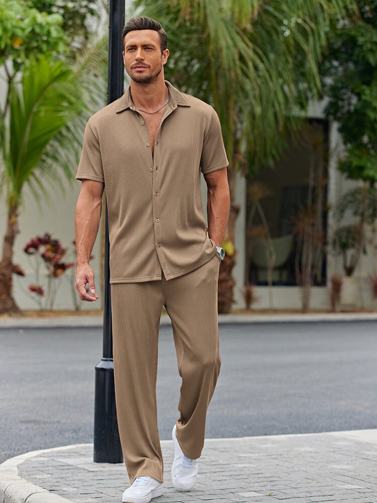 Casual Loose Fit Shirt Sets (US Only) Sets coofandy Brown S