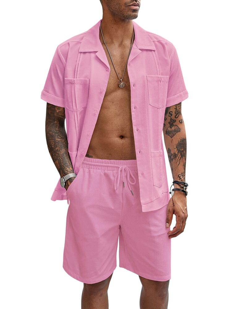 Casual Breathable Linen Shirt Sets (US Only) Sets coofandy Pink S