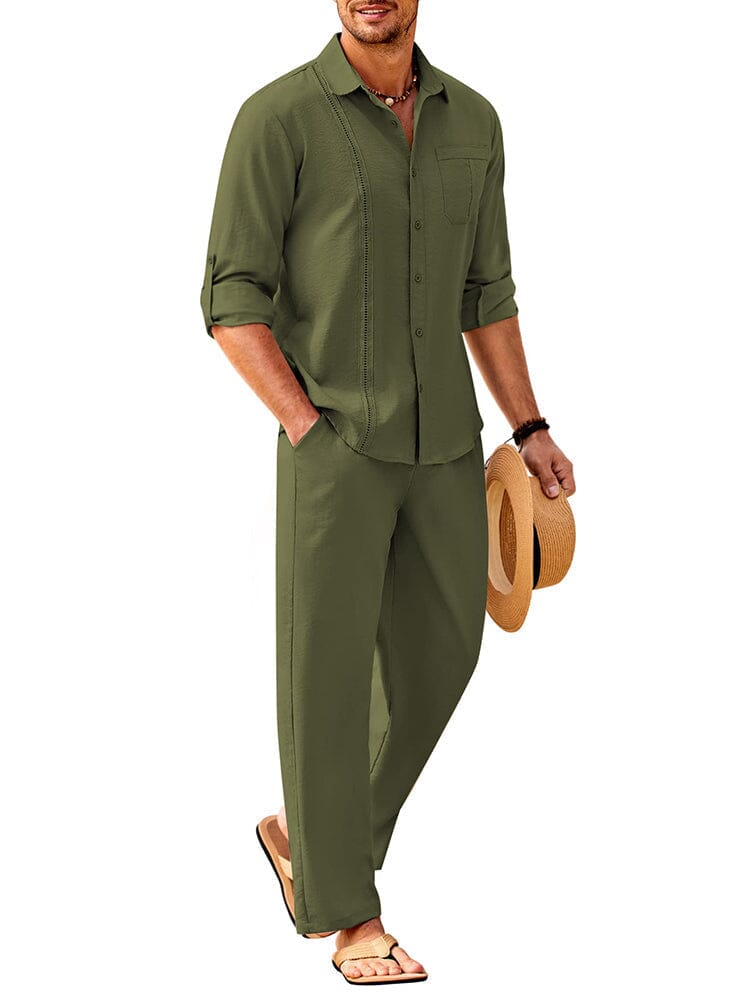 2 Piece Linen Style Long Sleeve Beach Vacation Outfits (US Only) Sets Coofandy's Army Green M