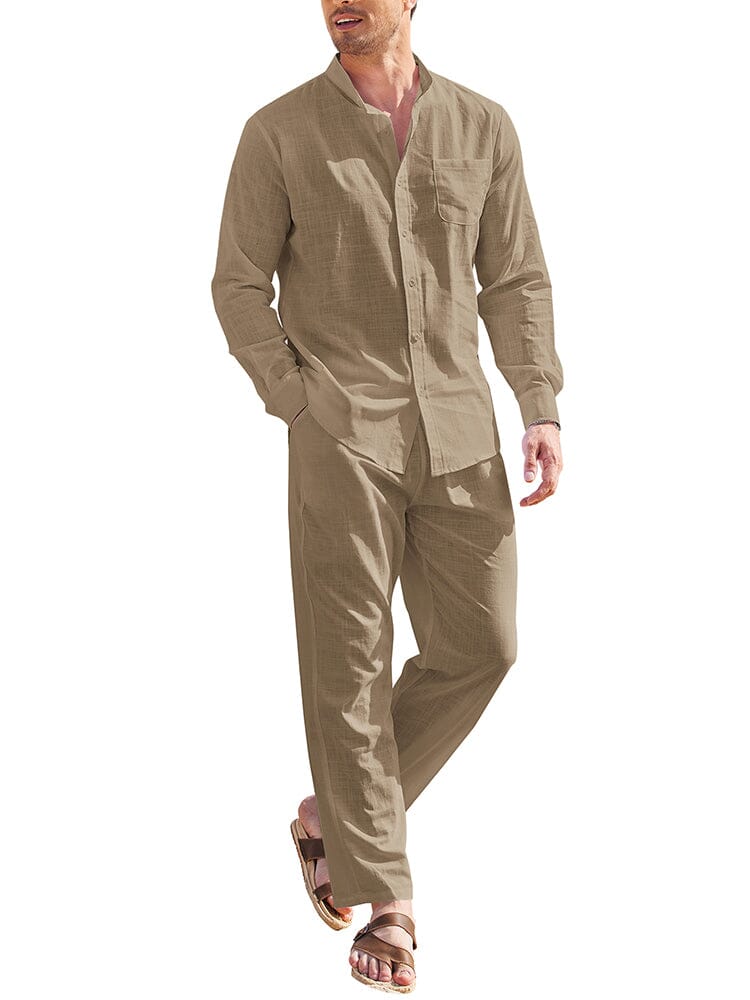 Casual Pure Cotton Beach Shirt Sets (US Only) Sets coofandy Khaki S