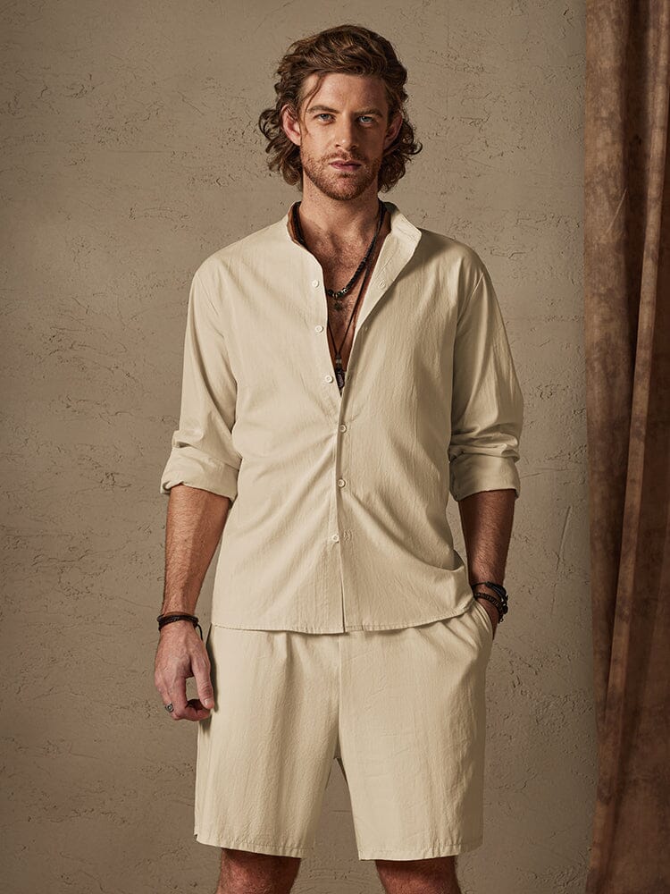 Casual Solid Color Cotton Linen Beach Shirt Set