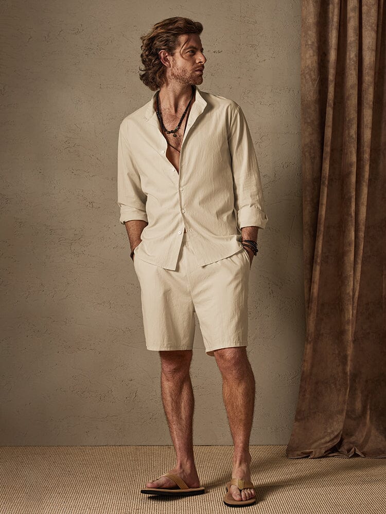 Casual Solid Color Cotton Linen Beach Shirt Set