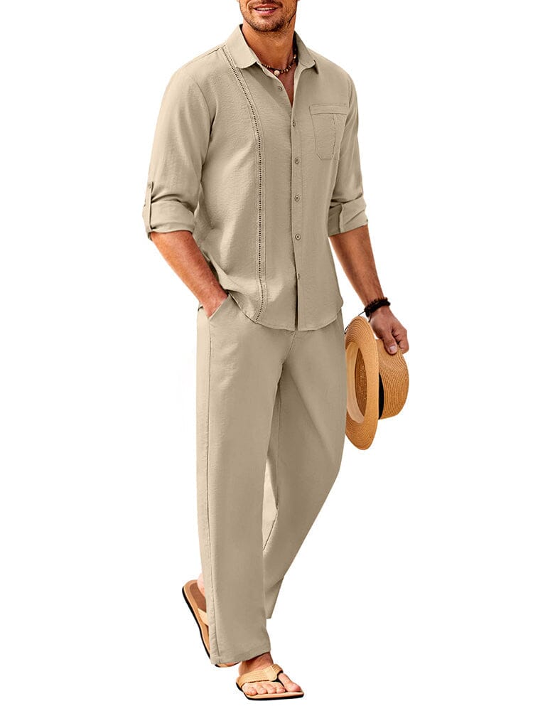 2 Piece Linen Style Long Sleeve Beach Vacation Outfits (US Only) Sets Coofandy's Khaki M