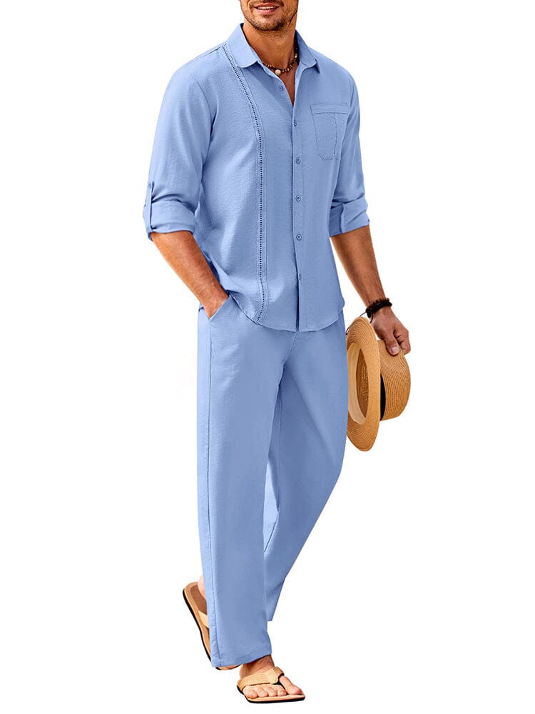 2 Piece Linen Style Long Sleeve Beach Vacation Outfits (US Only) Sets Coofandy's Light Blue M