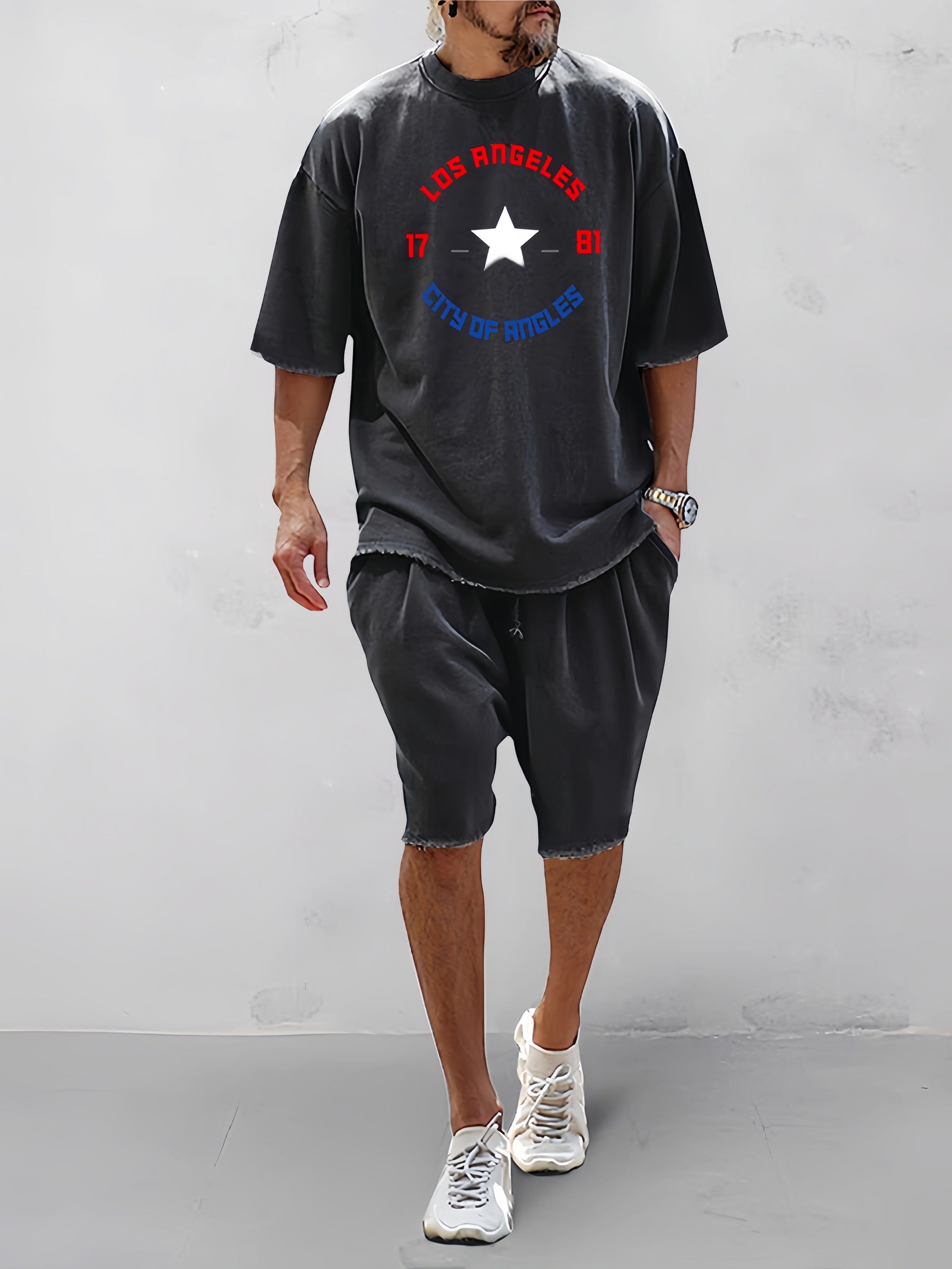 Casual Word Printed Short Sleeve Sports Set Sports Set coofandy Black M