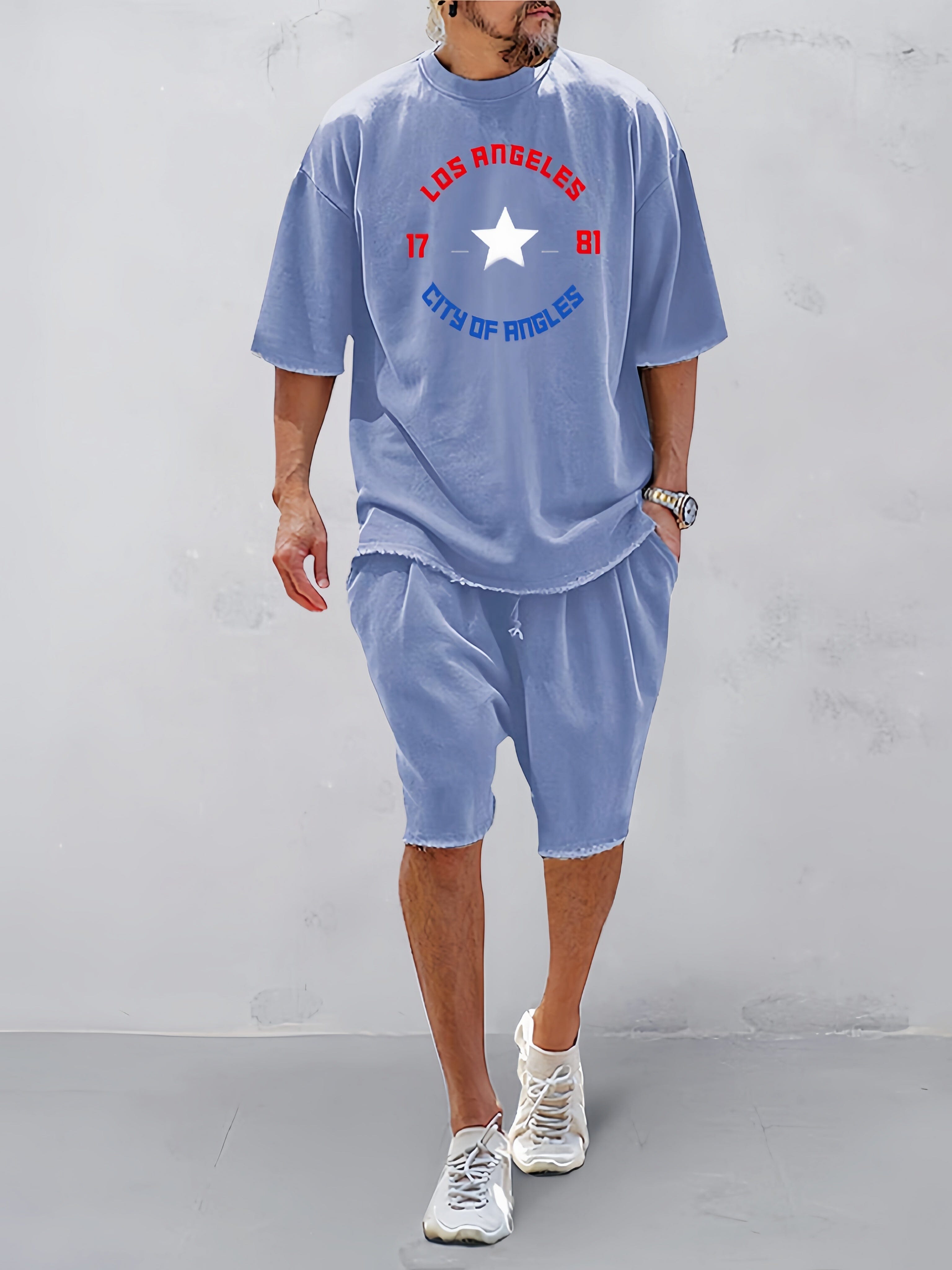 Casual Word Printed Short Sleeve Sports Set Sports Set coofandy Blue M