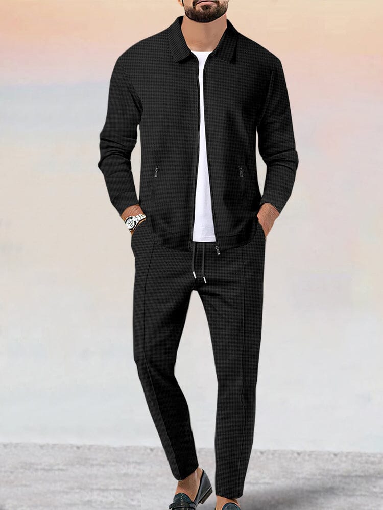 Casual Soft Waffle Jacket Set Sets coofandy Black M