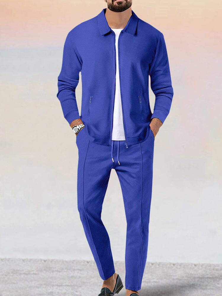 Casual Soft Waffle Jacket Set Sets coofandy Blue M
