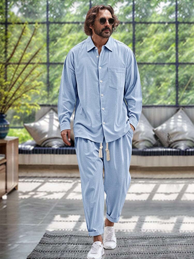 Comfy 100% Cotton Shirt Set Sets coofandy Blue M