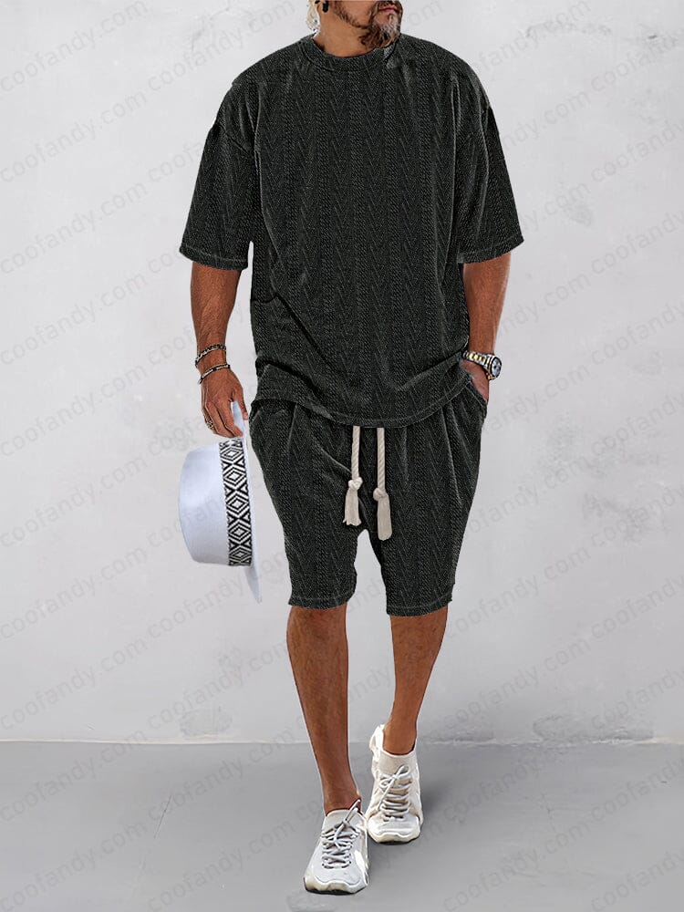 Casual Jacquard Knit 2-Piece Outfits Sports Set coofandy Black M