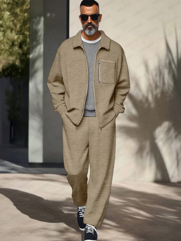 Athleisure Regular Fit Jacket Set Sets coofandy Khaki M