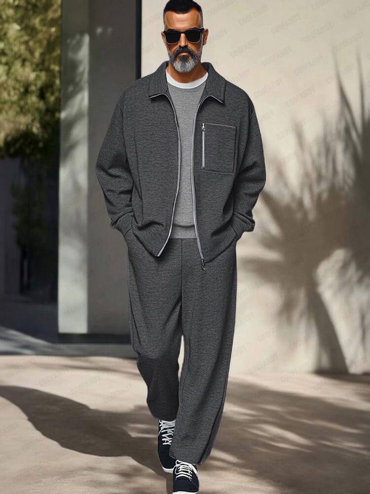 Athleisure Regular Fit Jacket Set Sets coofandy Black Grey M