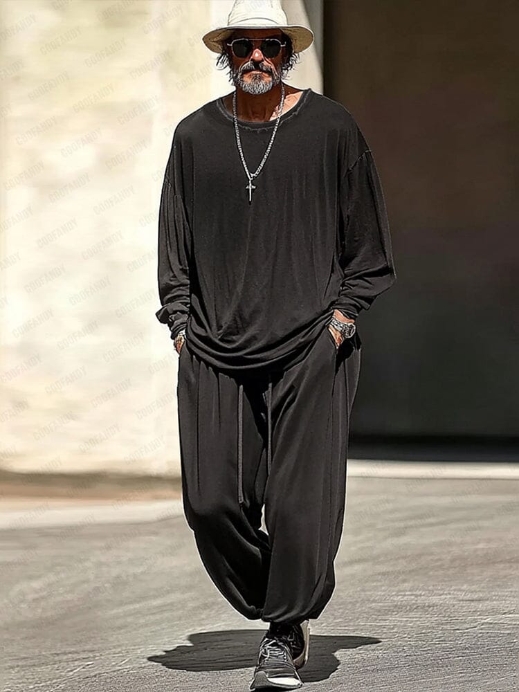 Casual Raw Edge Neck Top Pants Set Sets coofandy Black M