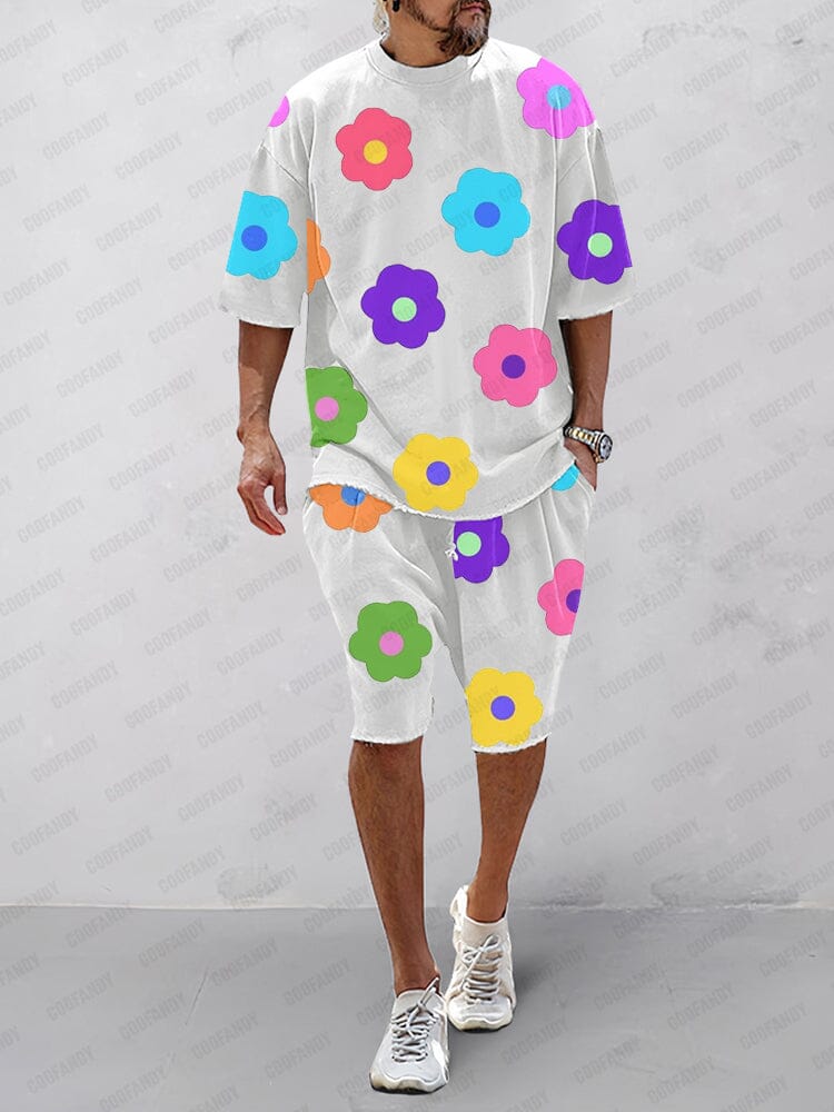 Casual Floral Print Cotton Sports Sets Sets coofandy White M