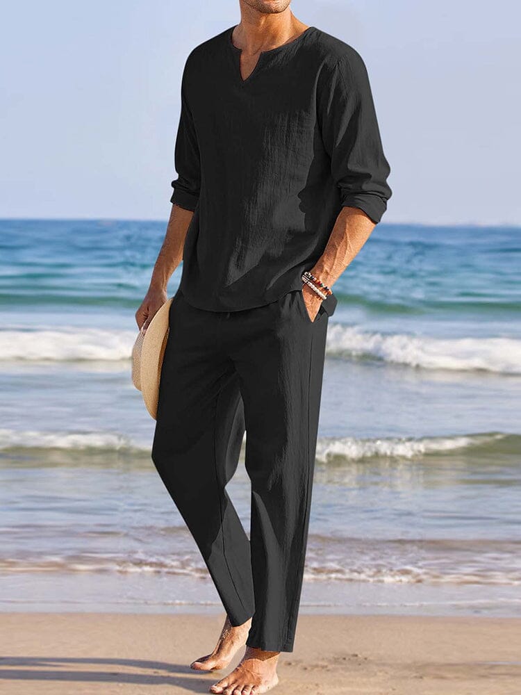 Casual Cotton and Linen Shirt Set Sets coofandystore Black S