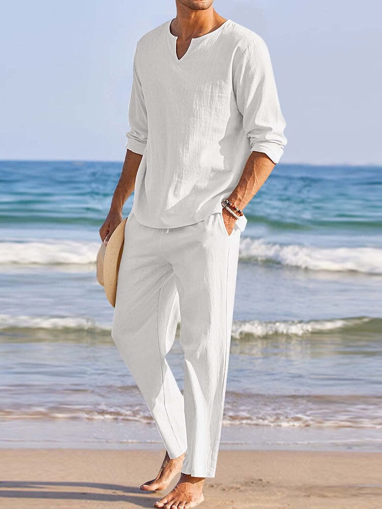 Casual Cotton and Linen Shirt Set Sets coofandystore White S