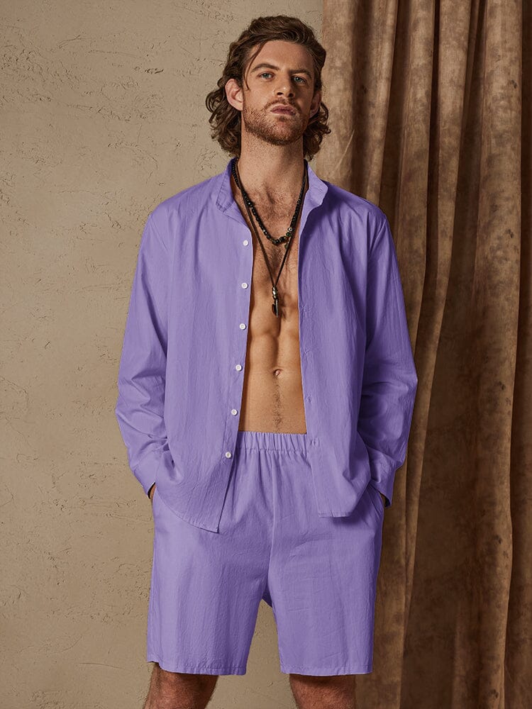 Casual Solid Color Cotton Linen Beach Shirt Set Sets coofandystore Purple S