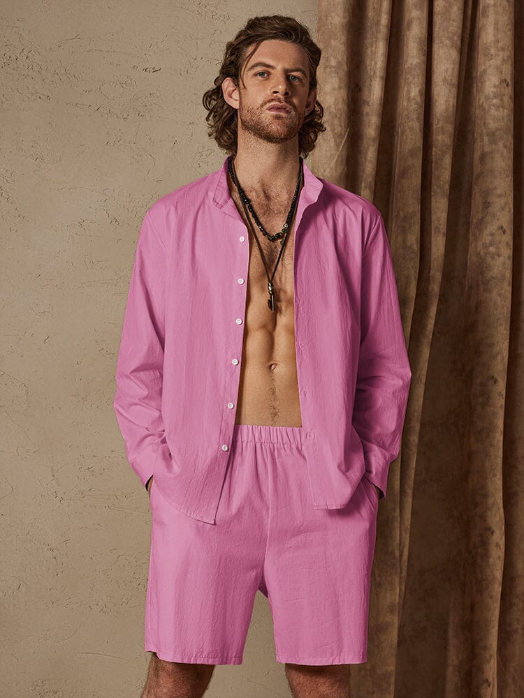 Casual Solid Color Cotton Linen Beach Shirt Set Sets coofandystore Pink S
