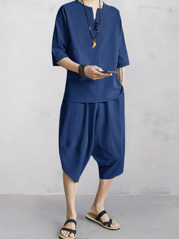 Casual Soft 2-Piece Cotton Linen Sets Sets coofandy Navy Blue M
