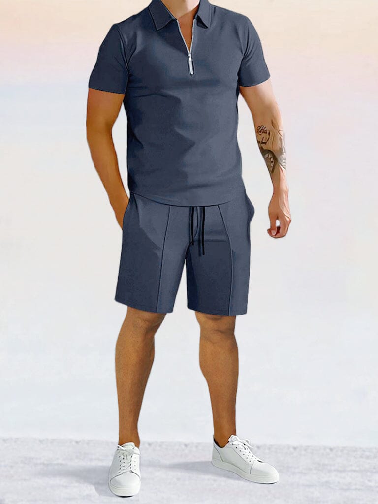 Casual Solid Color Polo Shirt Sets Sets coofandystore Black S