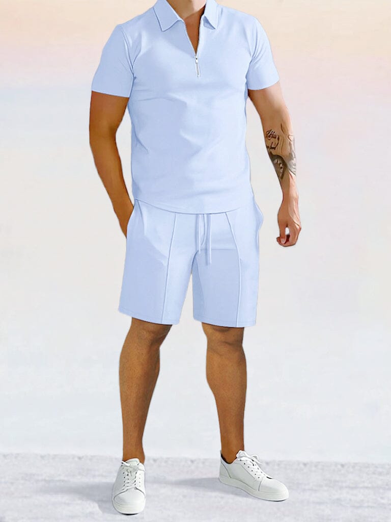 Casual Solid Color Polo Shirt Sets Sets coofandystore Light Blue S