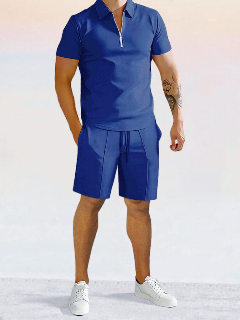 Casual Solid Color Polo Shirt Sets Sets coofandystore Blue S